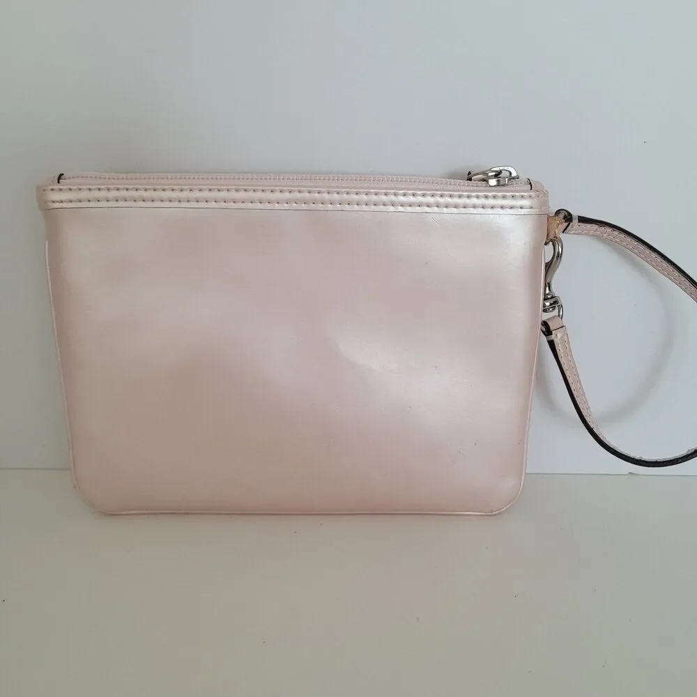 Coach Wallet Corner Wristlet Leather Light Metalic Pink Small Zippy Pouch Patch‎
